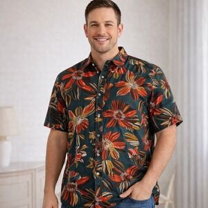 JOGAL Mens Floral Button Down Shirt Short Sleeve Tropical Hawiian Large